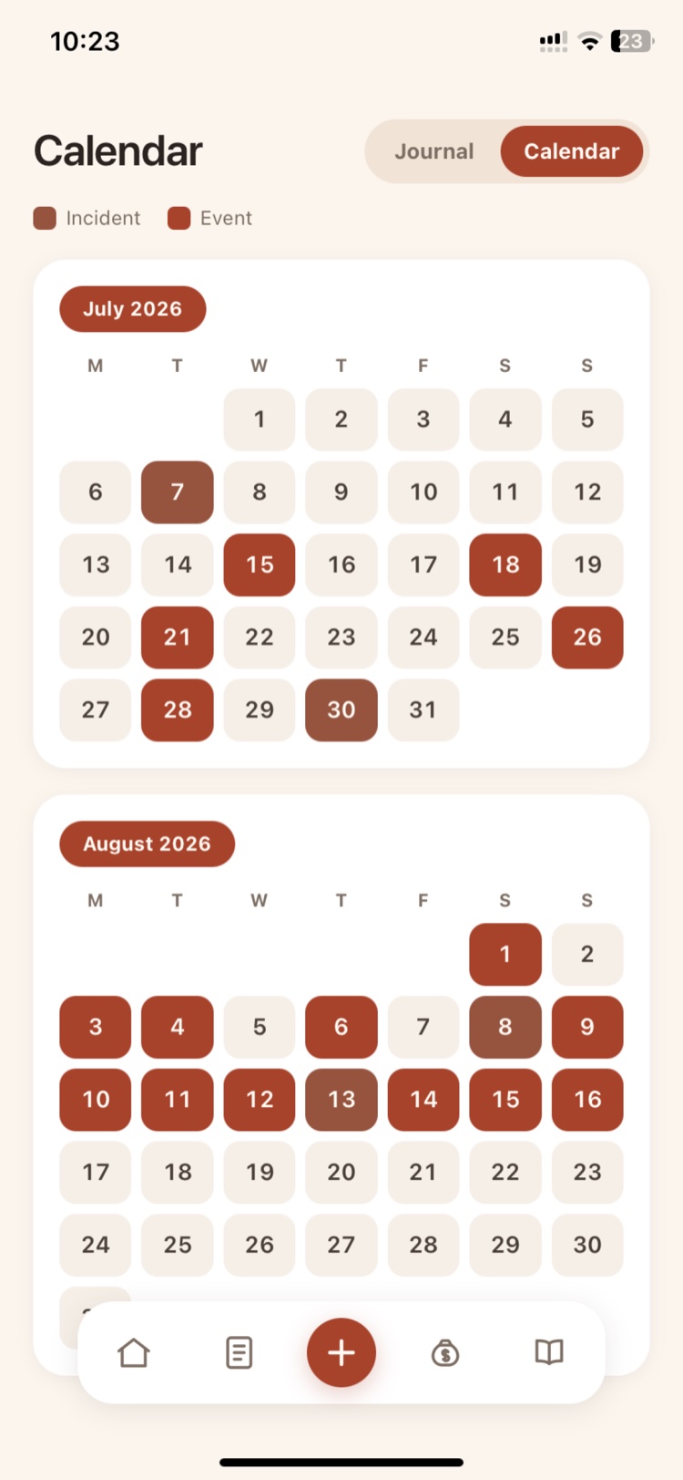 The calendar view: incident and event days colour-coded across months, showing the pattern instantly