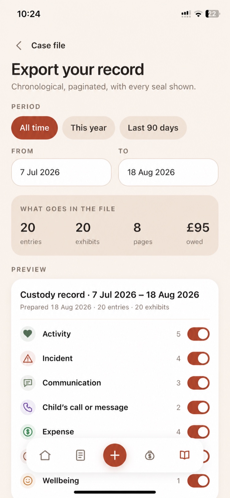 The export screen: pick the period, see entries, exhibits, pages and amount owed, toggle each category