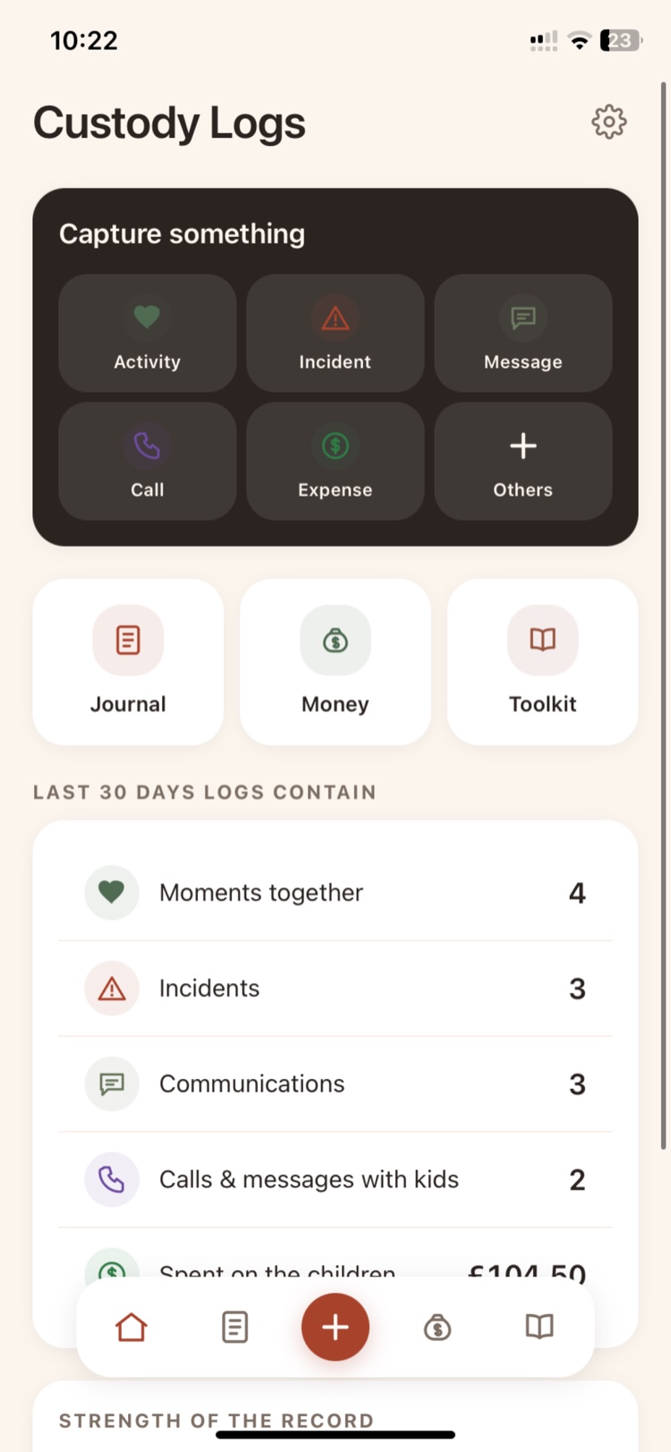 The Custody Logs app home screen: capture an activity, incident, message, call or expense in one tap, with a live summary of the last 30 days of logs
