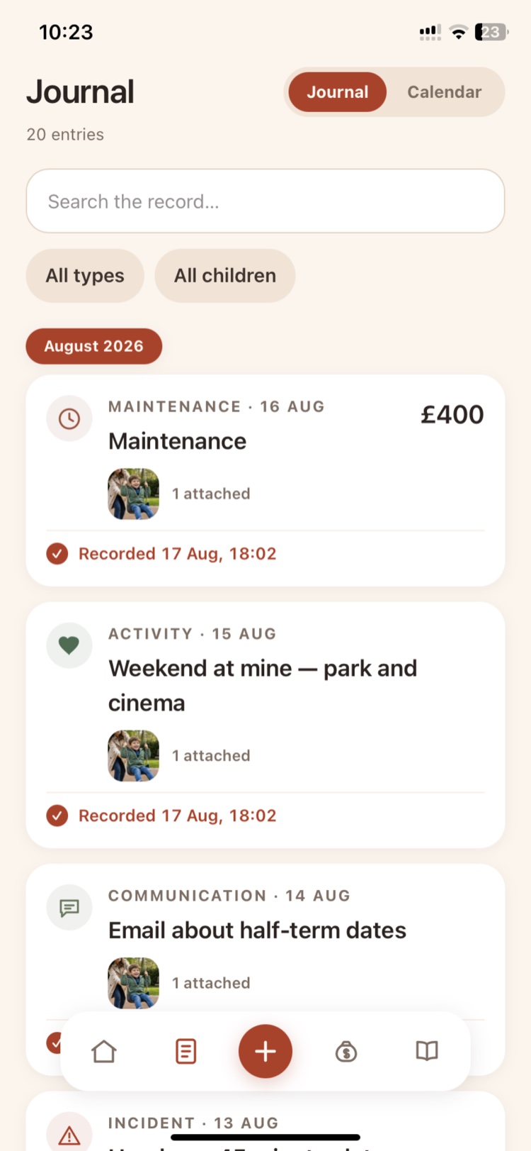 The journal: searchable entries grouped by month, each stamped Recorded with date and time