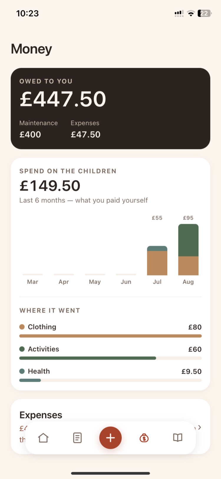 The Money screen: a running total owed to you, split between maintenance and expenses, with spend on the children by month