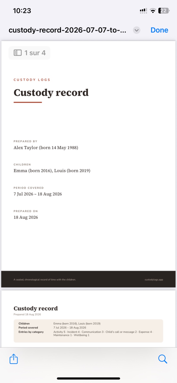 The exported PDF cover page: prepared by, children, period covered and preparation date