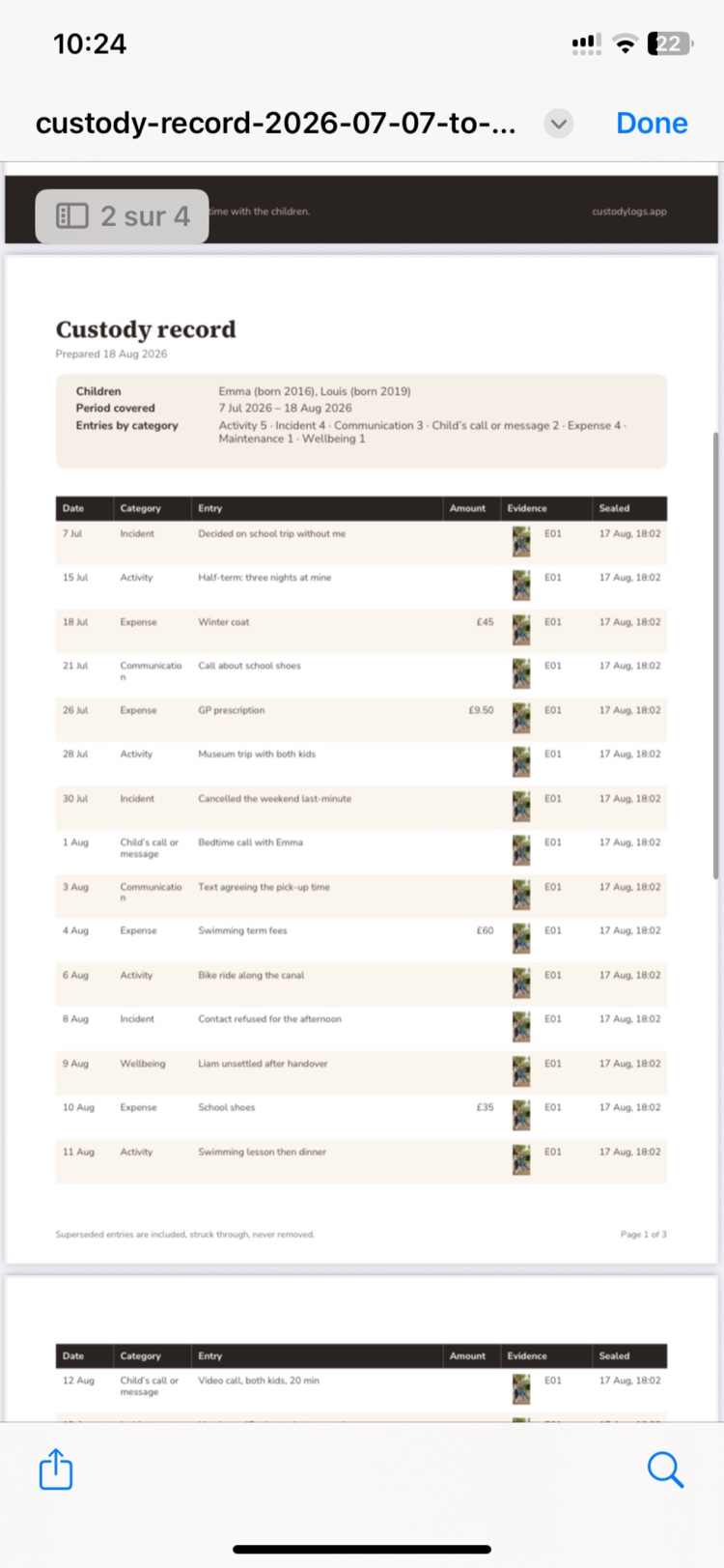 The exported PDF: chronological table of dated entries with category, amount, numbered evidence exhibits and sealed timestamps