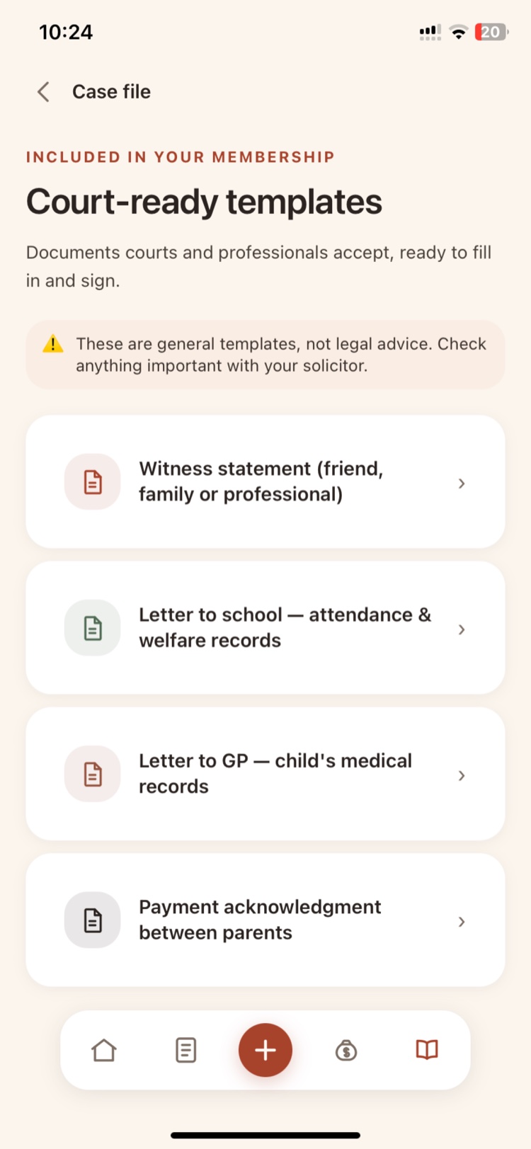The in-app Toolkit: court-ready templates included in your membership &mdash; witness statement, letters to school and GP, payment acknowledgment