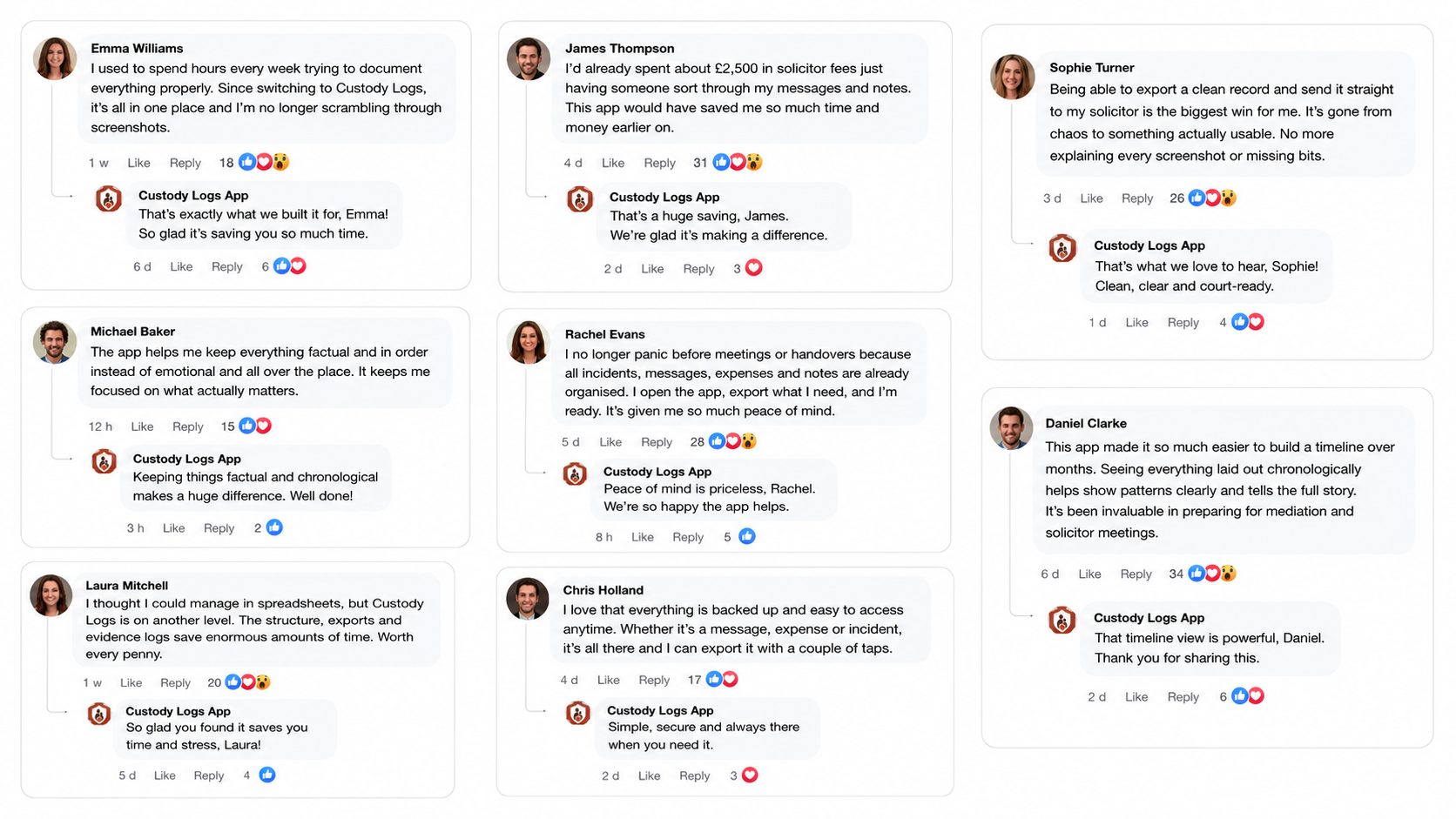 Facebook comments from parents about the Custody Logs app: everything in one place instead of scrambling through screenshots, thousands saved in solicitor fees sorting messages, clean exports sent straight to a solicitor, a chronological timeline that shows patterns, and feeling calm and prepared before meetings and handovers