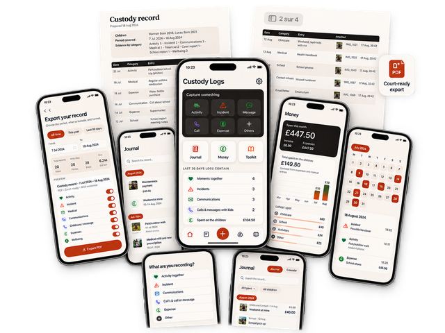 The Custody Logs app: capture screen, journal, money tracking, calendar and a court-ready PDF export of your custody record