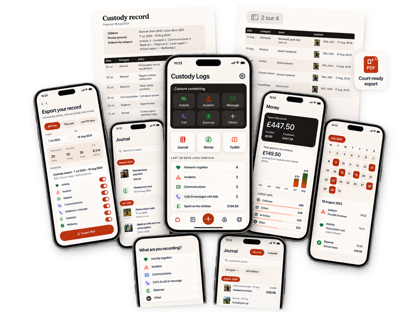 The Custody Logs app: capture screen, journal, money tracking, calendar and a court-ready PDF export of your custody record